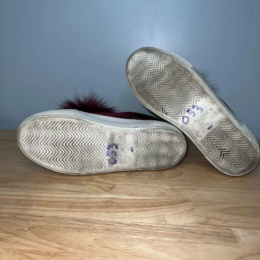 J/SLIDES, Cranberry Velvet Platform Sneakers Pom Pom Accent, Women’s 6.5